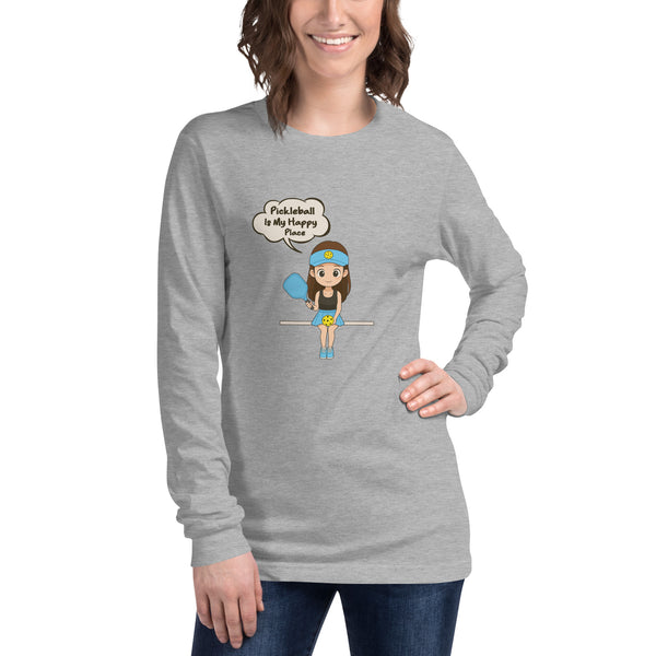 "MY HAPPY PLACE" (brunette) - Unisex Long Sleeve Pickleball Tee