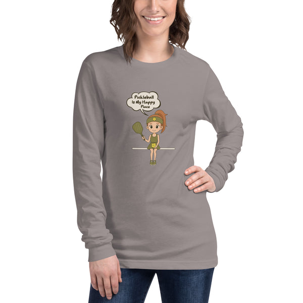 "MY HAPPY PLACE" (Red hair) - Unisex Long Sleeve Pickleball Tee