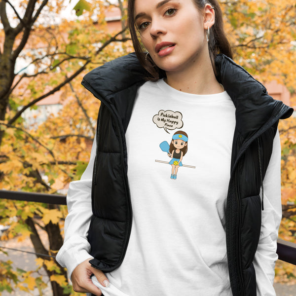 "MY HAPPY PLACE" (Brunette)n- Unisex Long Sleeve Pickleball Tee