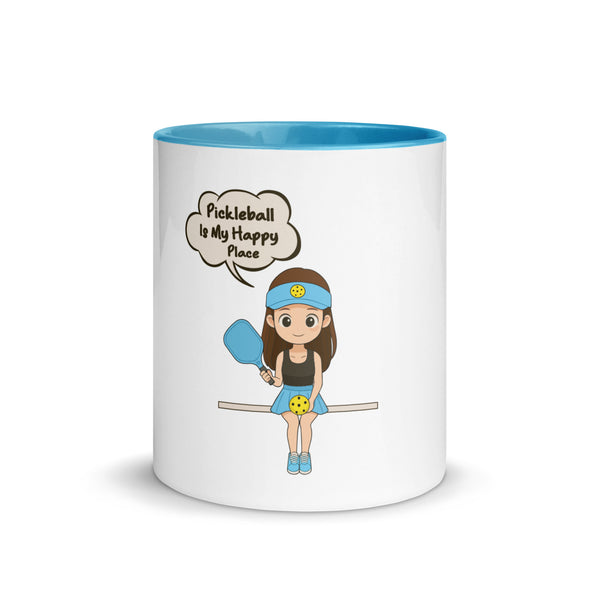 "MY HAPPY PLACE" (Brunette) - Pickleball Mug With Color Inside