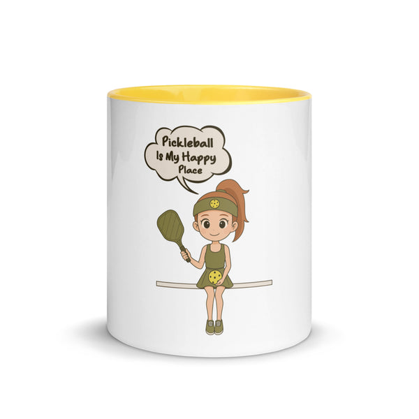 "MY HAPPY PLACE" (Red Hair) - Pickleball Mug With Color Inside
