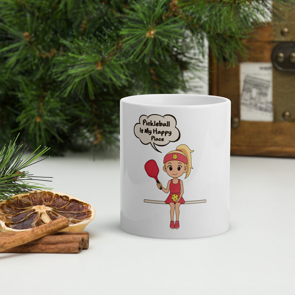 "MY HAPPY PLACE" (Blonde) - White Glossy Pickleball Mug