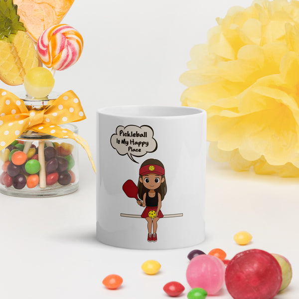 "MY HAPPY PLACE" - White Glossy Pickleball Mug