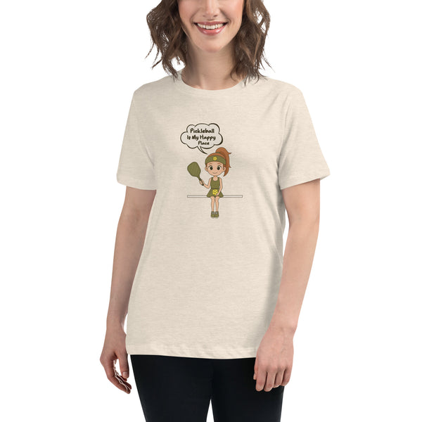 "MY HAPPY PLACE" (Red Hair) - Women's Relaxed Pickleball T-Shirt
